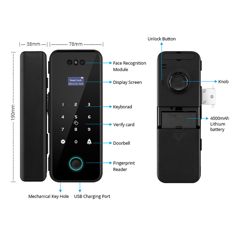 Black Glass Door Lock Tuya Smart Lock Home Security 3D Face Digital Fingerprint